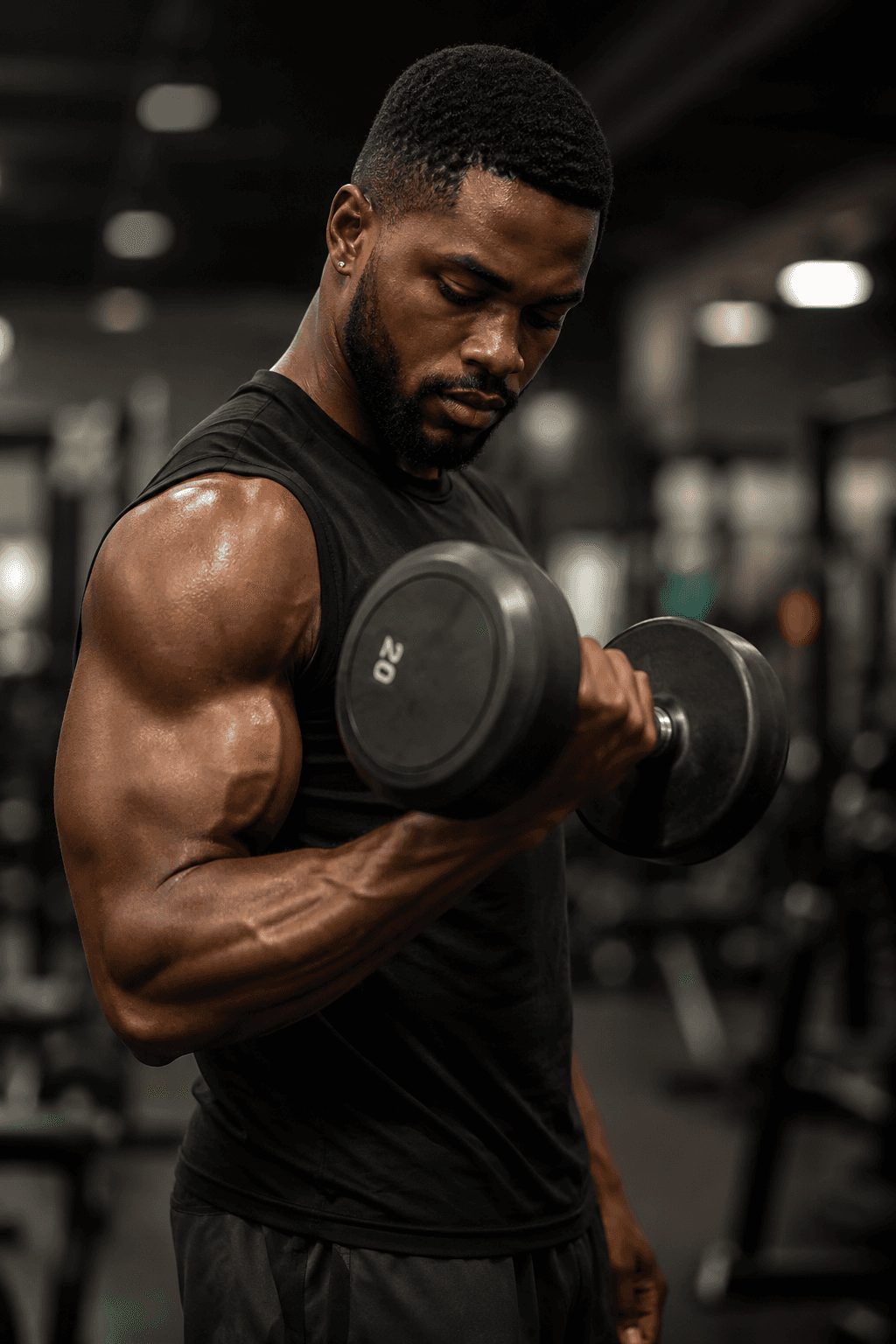 Muscular male personal trainer performing a dumbbell curl in a modern gym