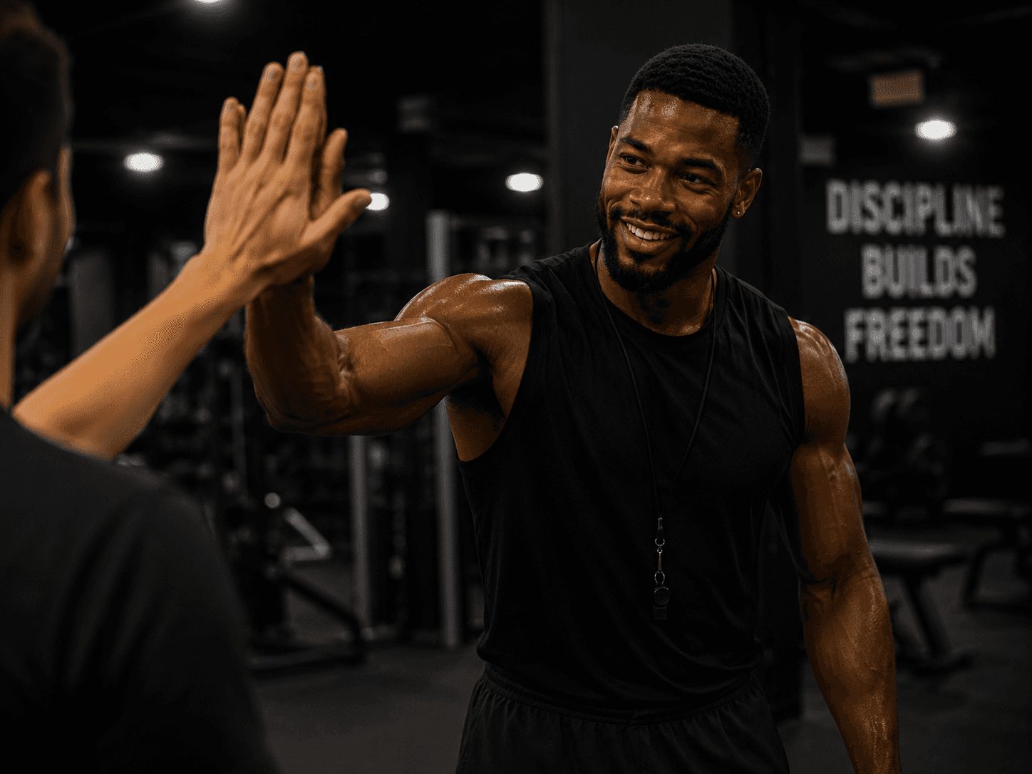 Male trainer giving a high five to his client.