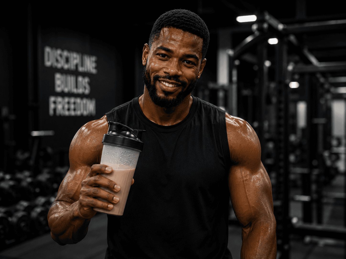 Male athlete smiling at the camera while holding a protein shake.