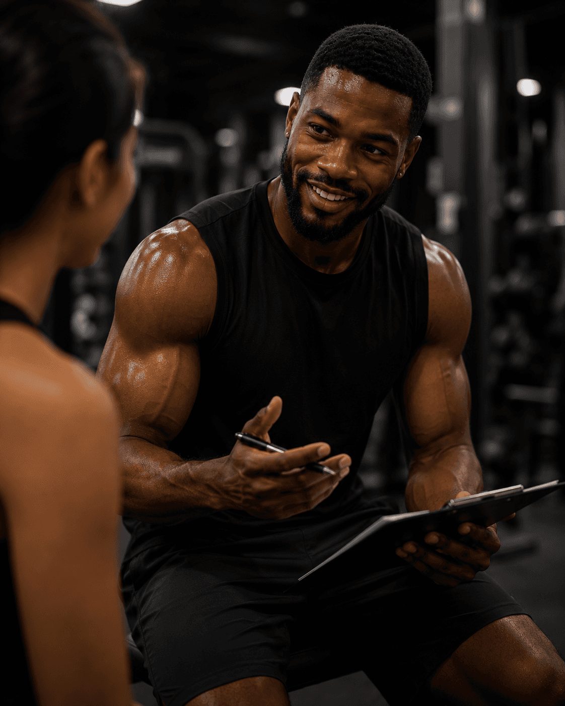 Male trainer making diet chart for his client