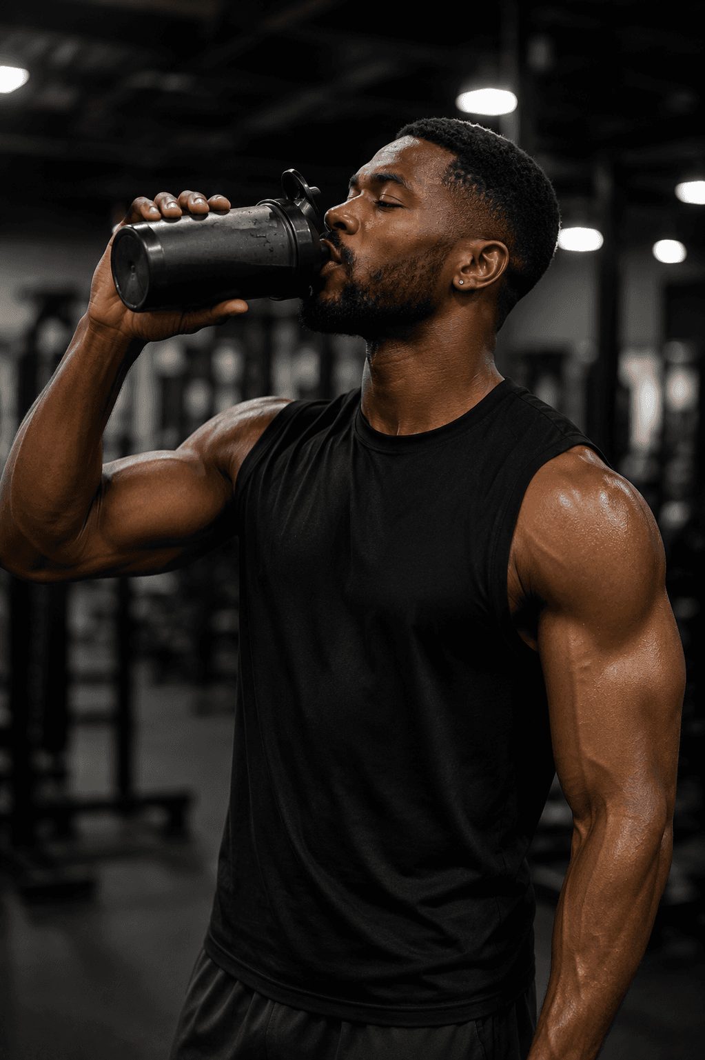 Male athlete drinking protein shake from a bottle after a workout.