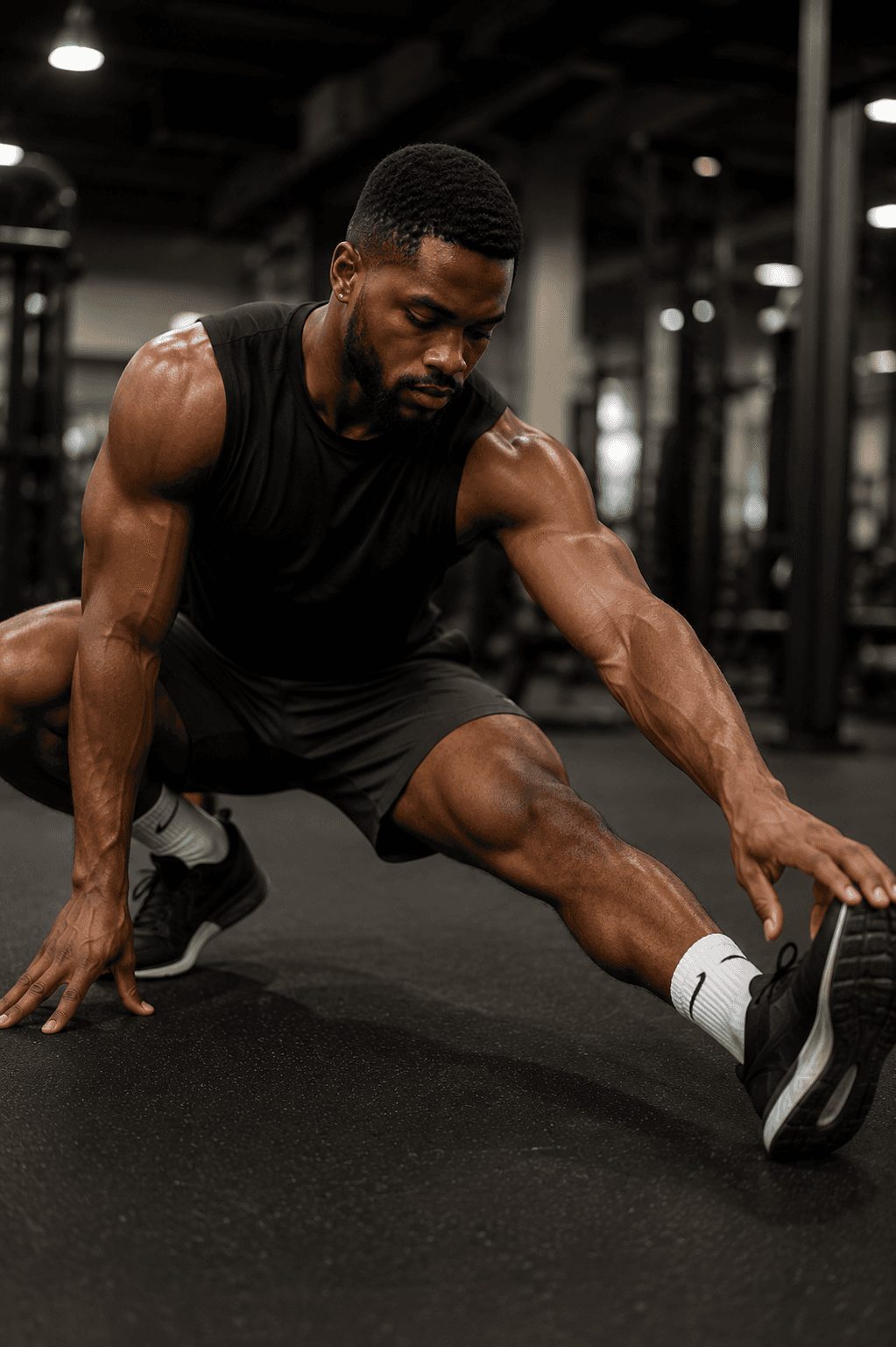 Male athlete leaning forward during an intense gym workout